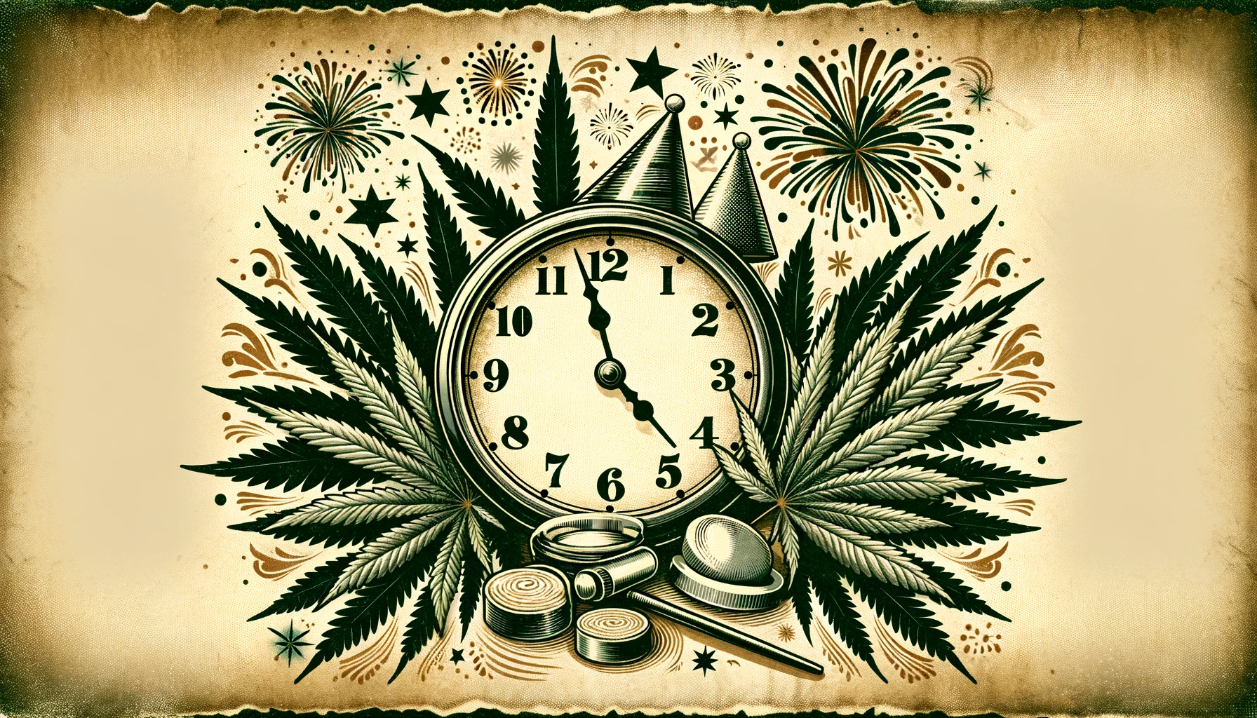 DALL·E 2024 01 02 13.37.20 A vintage New Years themed graphic with a correctly numbered clock striking midnight incorporating hemp motifs. The background should resemble old p